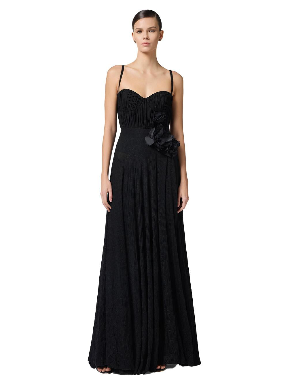 Abito Red Carpet in jersey lurex con fiore ricamato nero