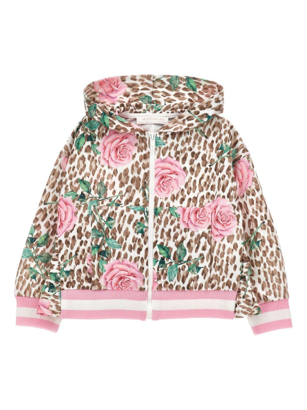 Felpa Beige con Fiori e Stampa Leopardata 19F8076014 0080 MONNALISA KIDS 