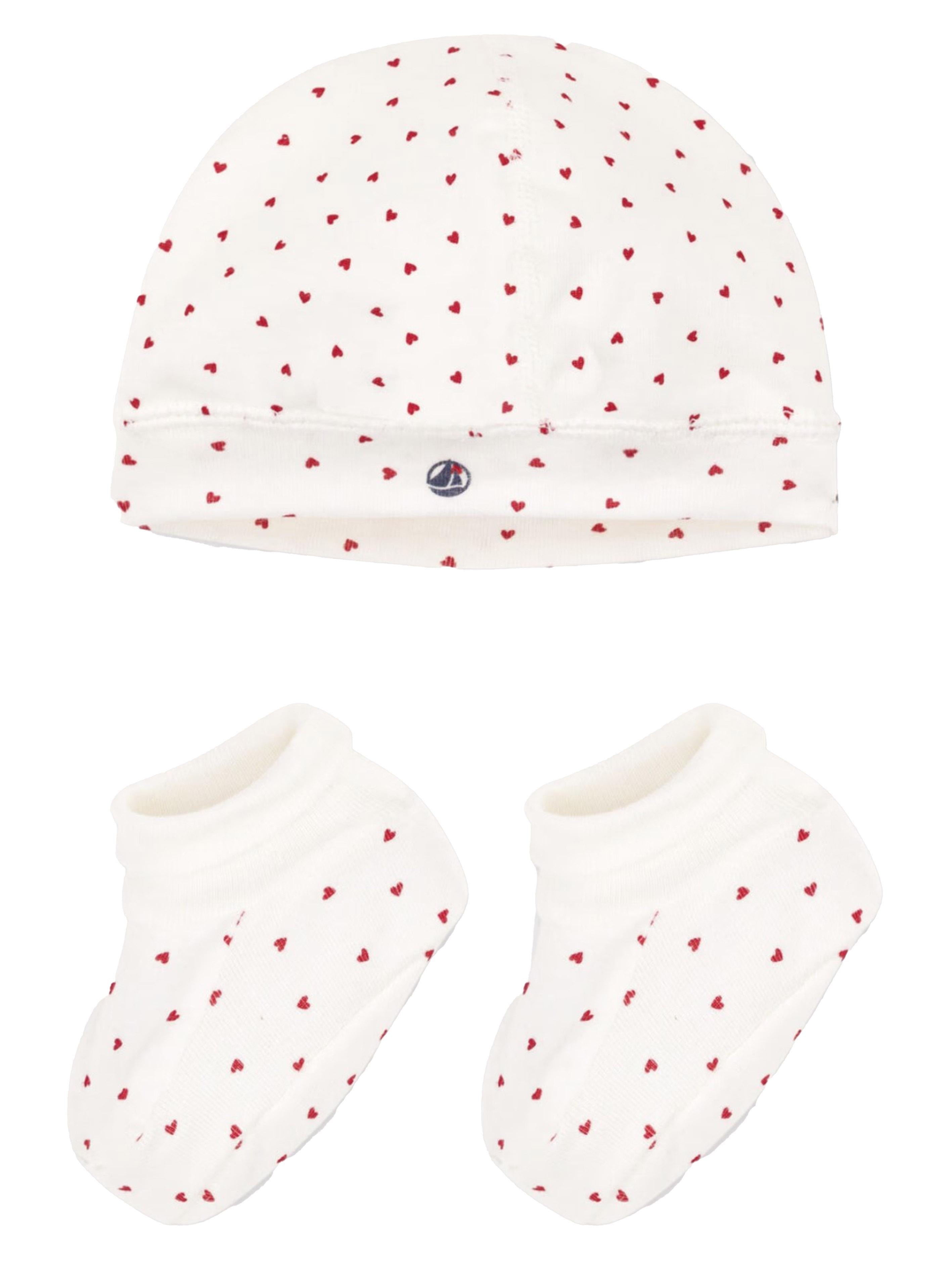 Set cappello e babusce fantasia con cuori neonato bianco/rosso (2pz) A0ARZ 00 PETIT BATEAU KIDS 
