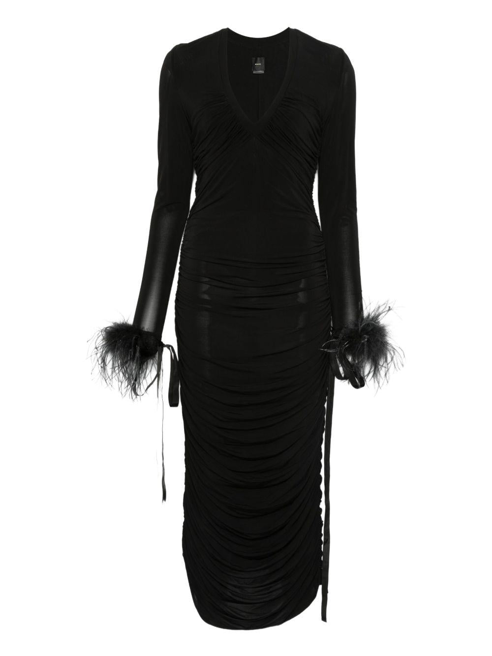 Abito midi nero con decorazione in piume 105780A2GS Z99 PINKO 