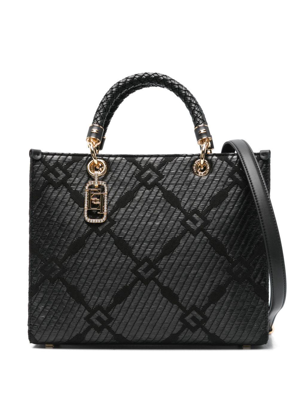 Borsa Tote media in jacquard con charms nera