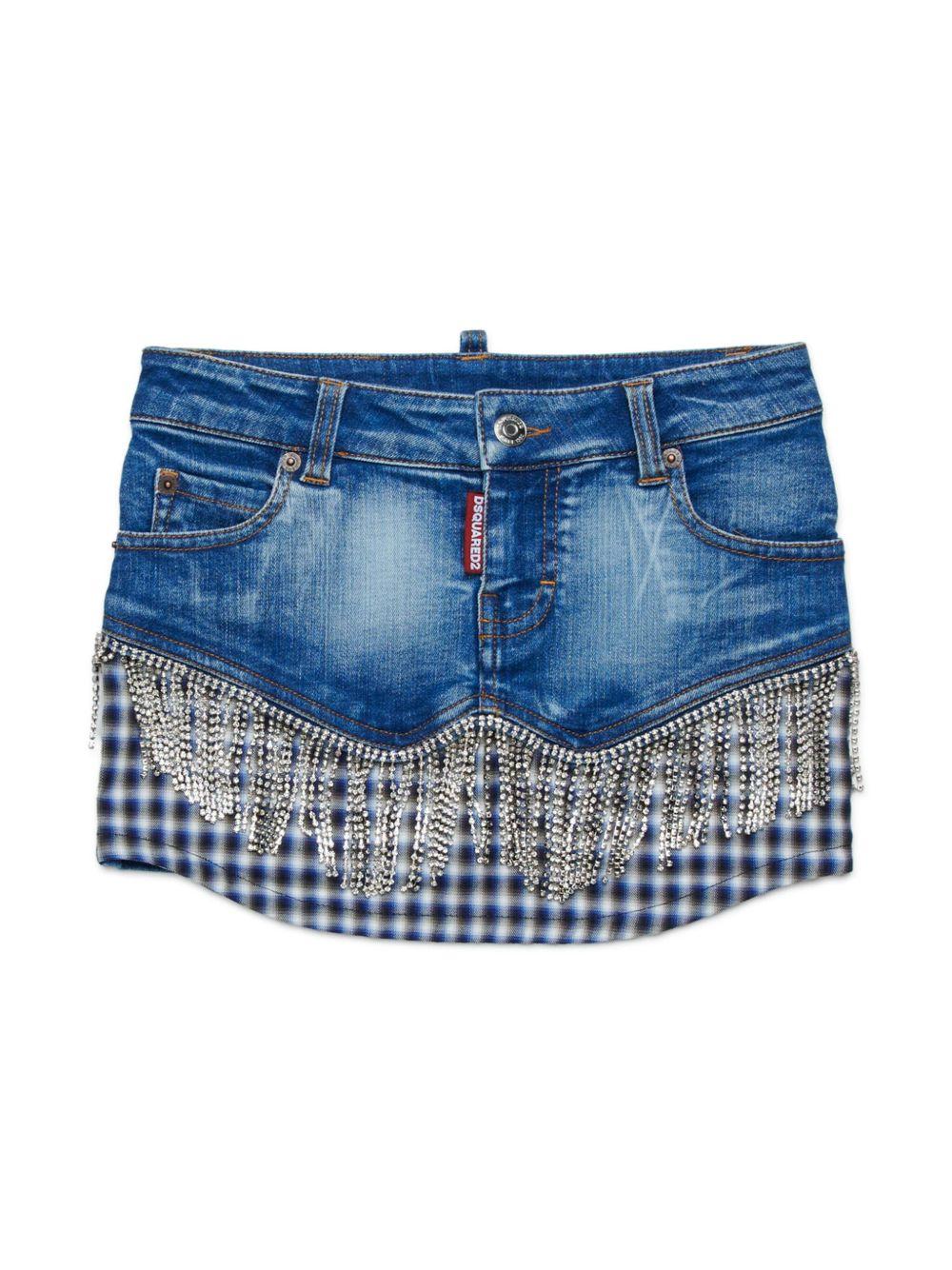 Gonna in denim e frange con strass