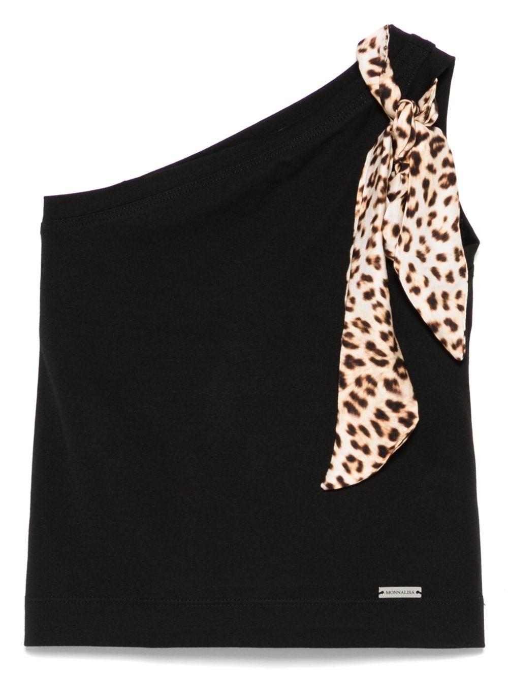 Top nero monospalla fiocco leopardato