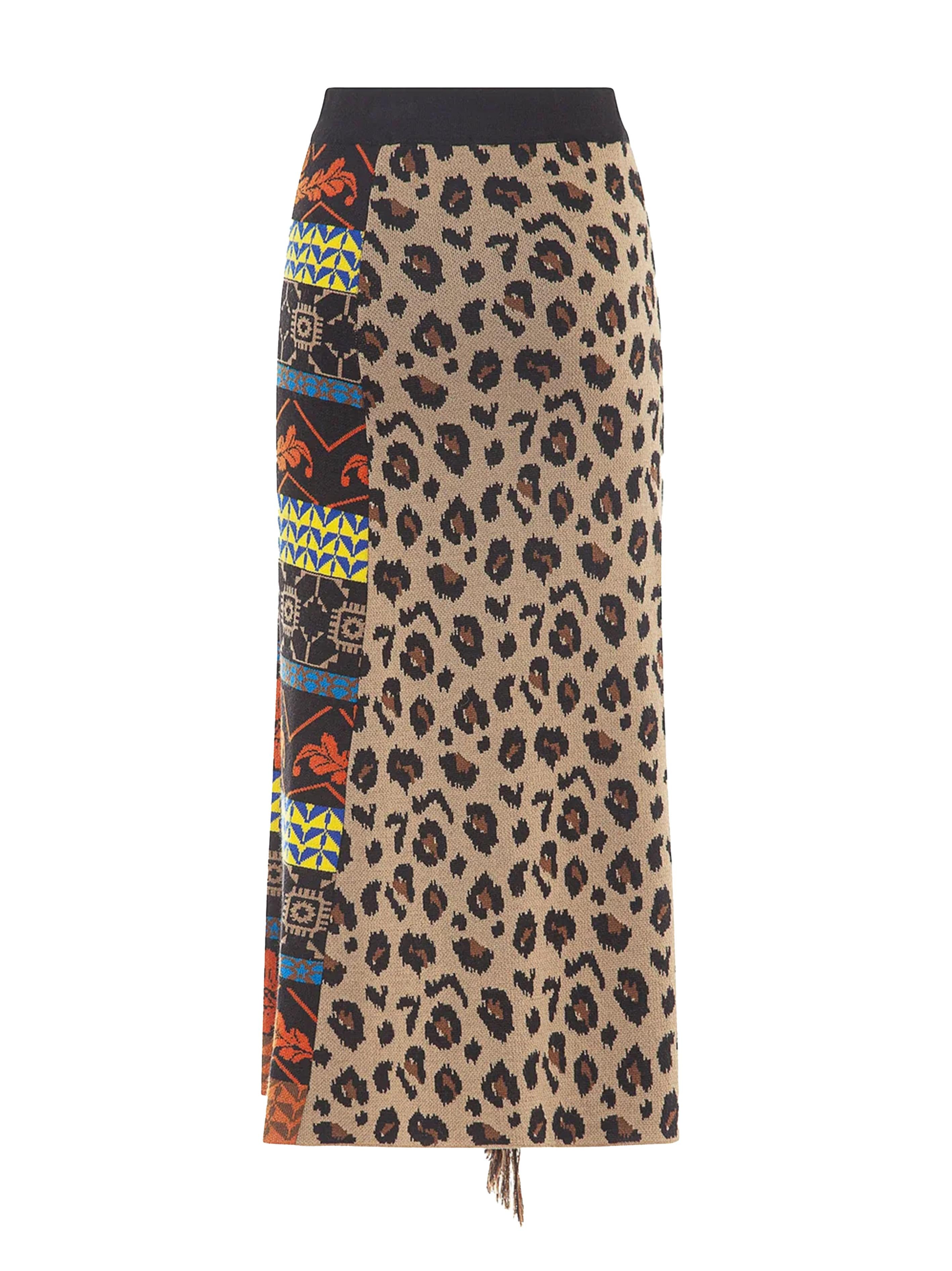 Gonna in maglia con fantasia animalier/multicolor con frange GOKD03099 V1 AKEP 
