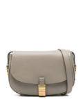 Walnut/gold shoulder bag with flap and adjustable shoulder strap