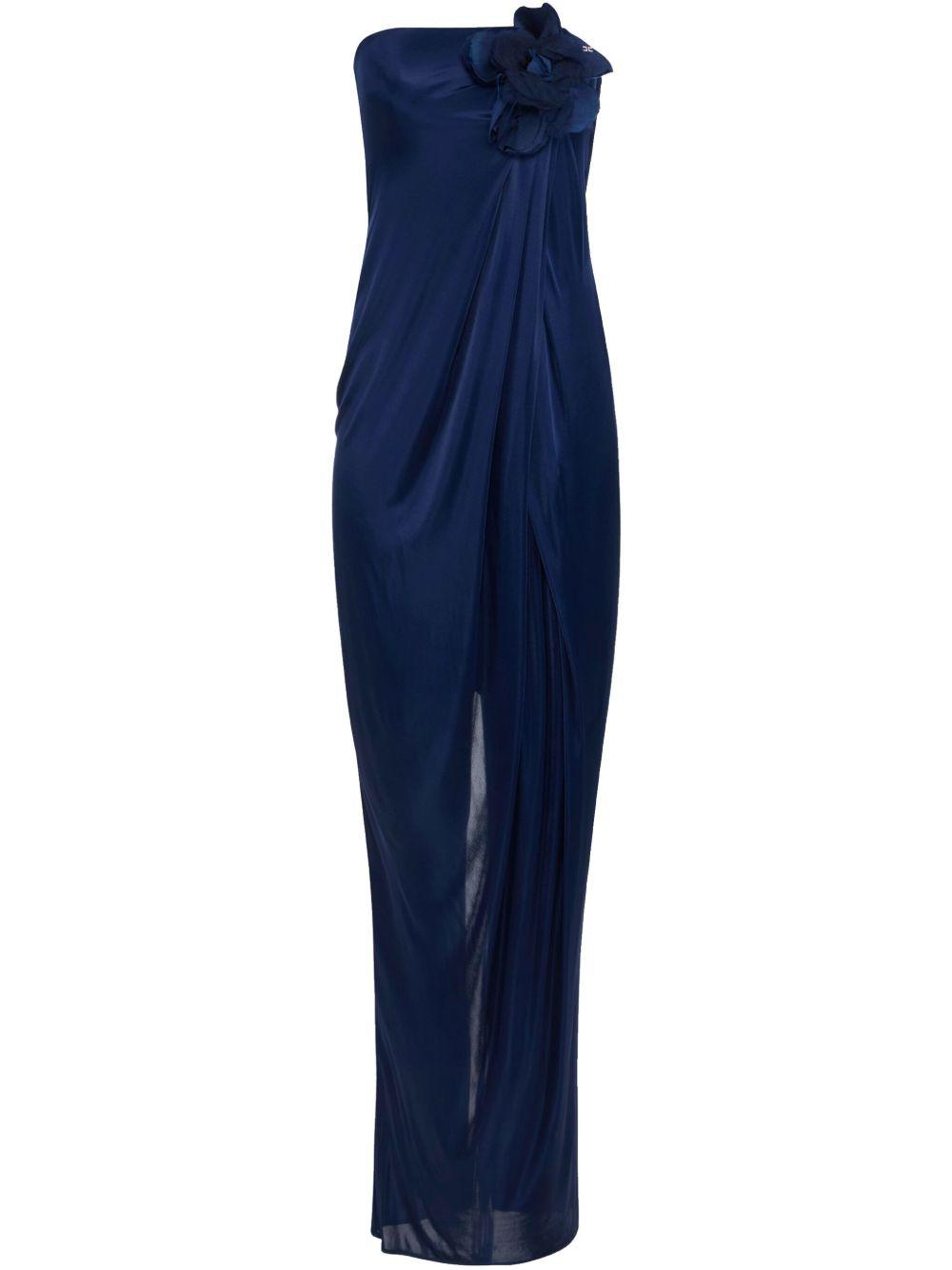 Abito Red Carpet in jersey lucido con fiore ricamato blu