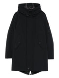 Dark green coat with hood and logo