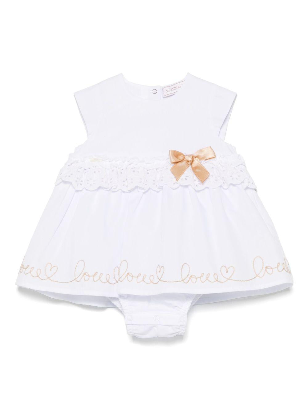 Abito bianco neonato con ricami beige