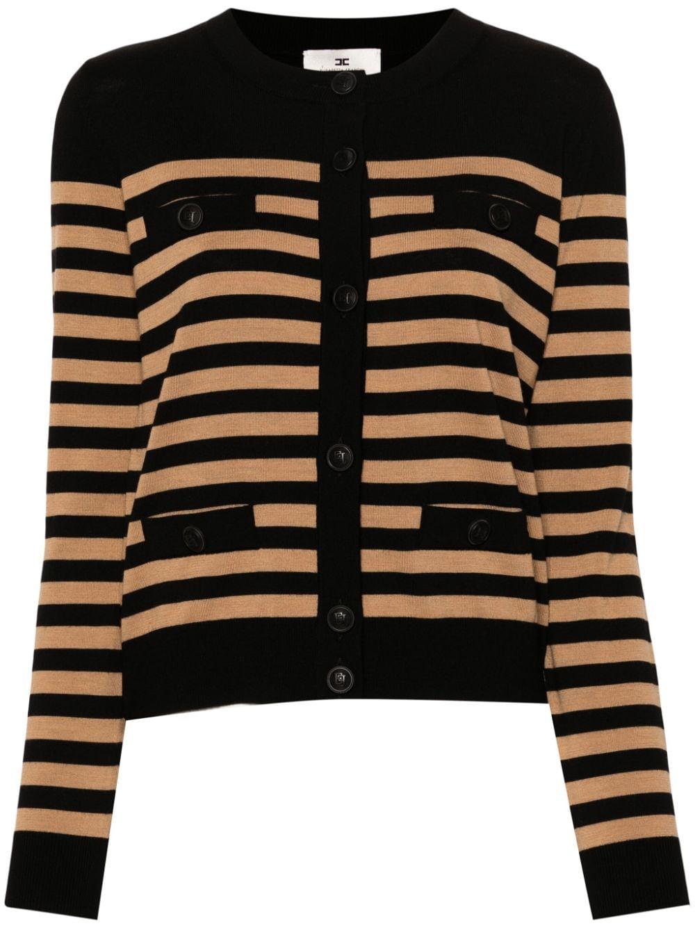 Cardigan a righe orizzontali cammello/nero lana