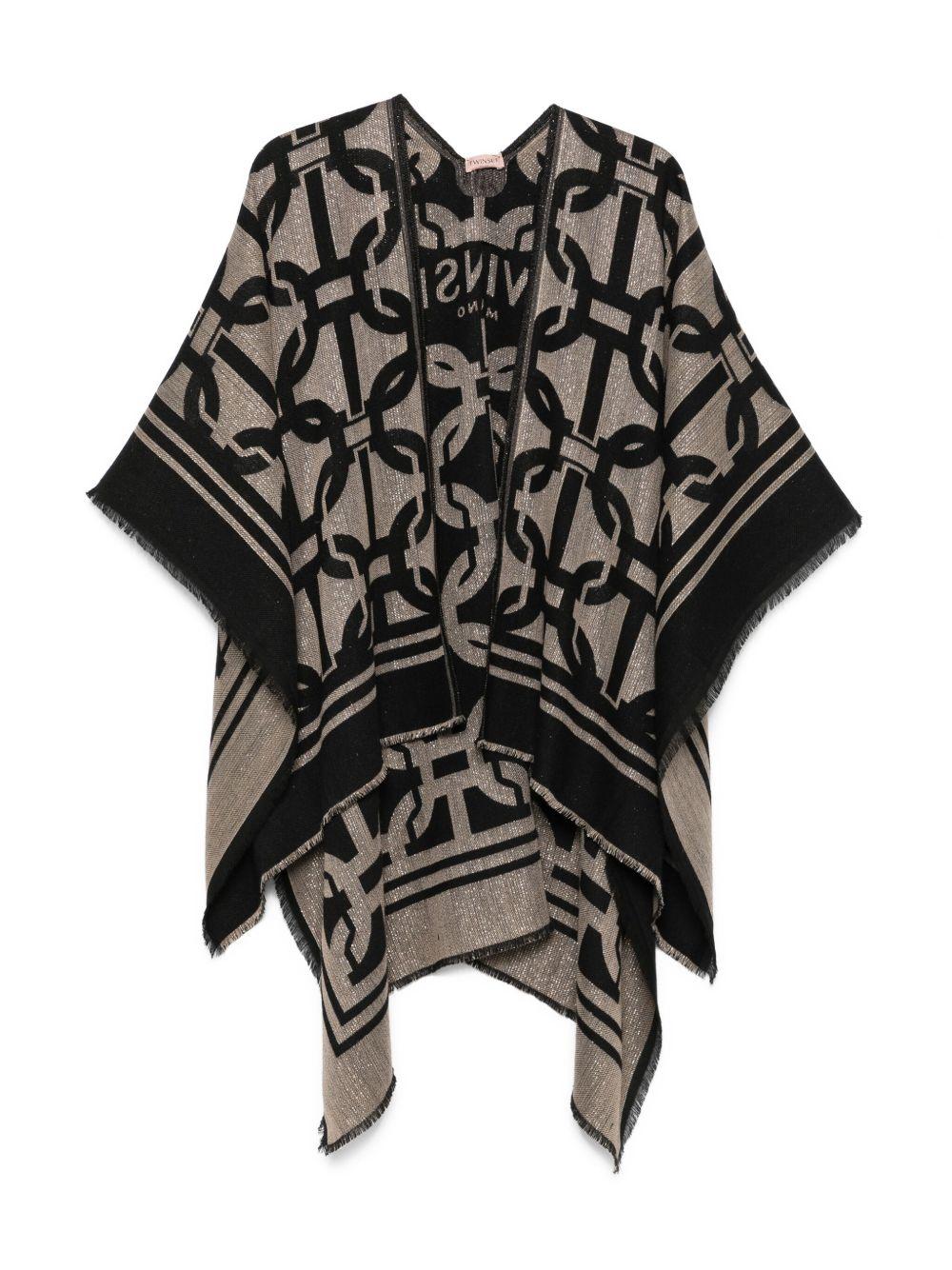Poncho Nero e Beige con Motivo Geometrico e Frange 252TA4370 00006 TWINSET 