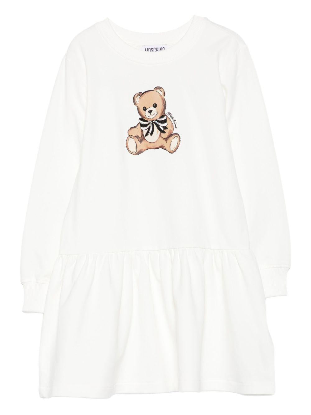 Abito Bianco con Stampa Orsetto e Gonna Arricciata HDV0H7LDA16 10063 MOSCHINO KIDS 