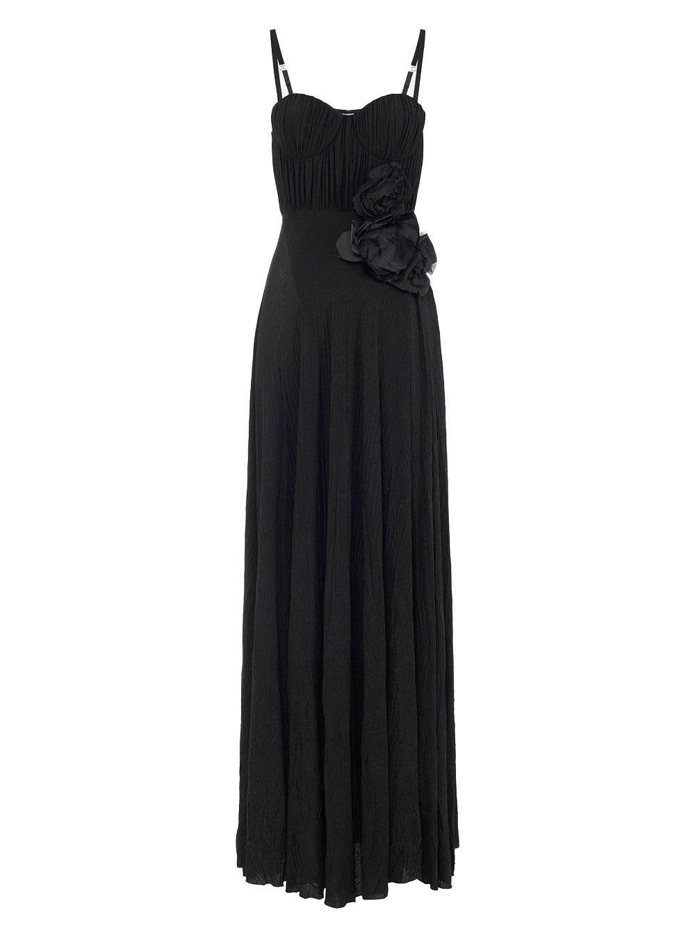 Abito Red Carpet in jersey lurex con fiore ricamato nero