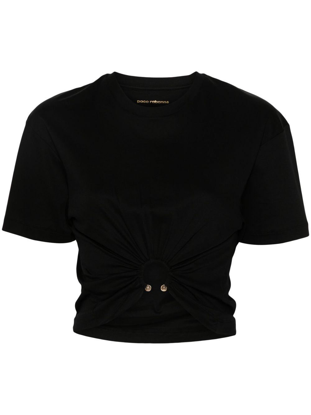 T-shirt nera arricciata con anello