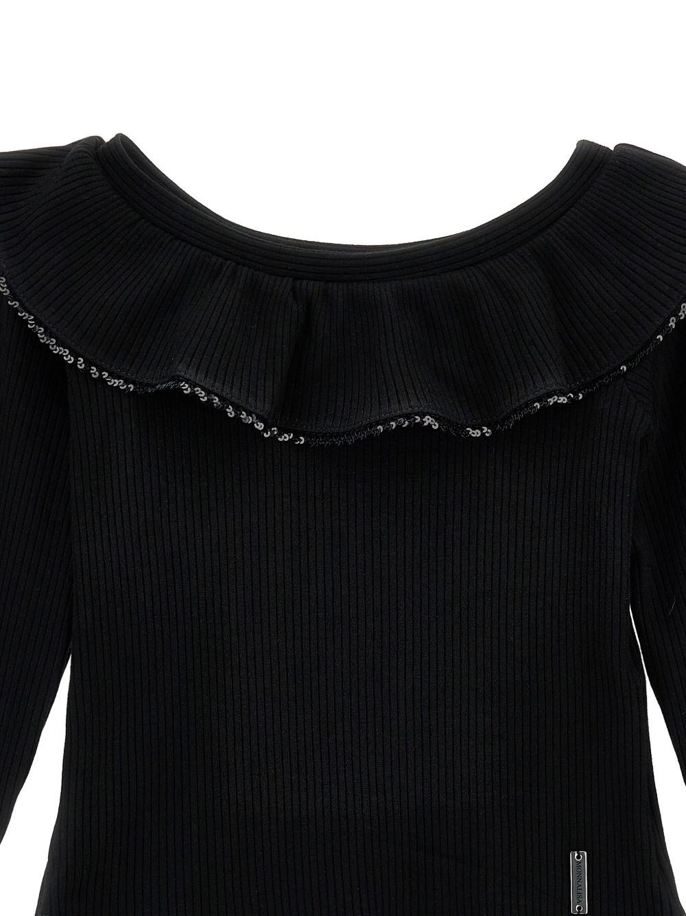 T-shirt Nera Maniche Lunghe con Colletto Arricciato 71F6076214 0050 MONNALISA KIDS 