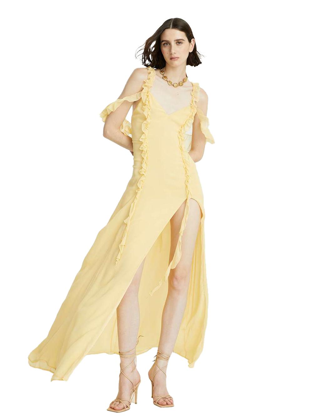 Abito giallo in crepe lungo con dettagli in rushes