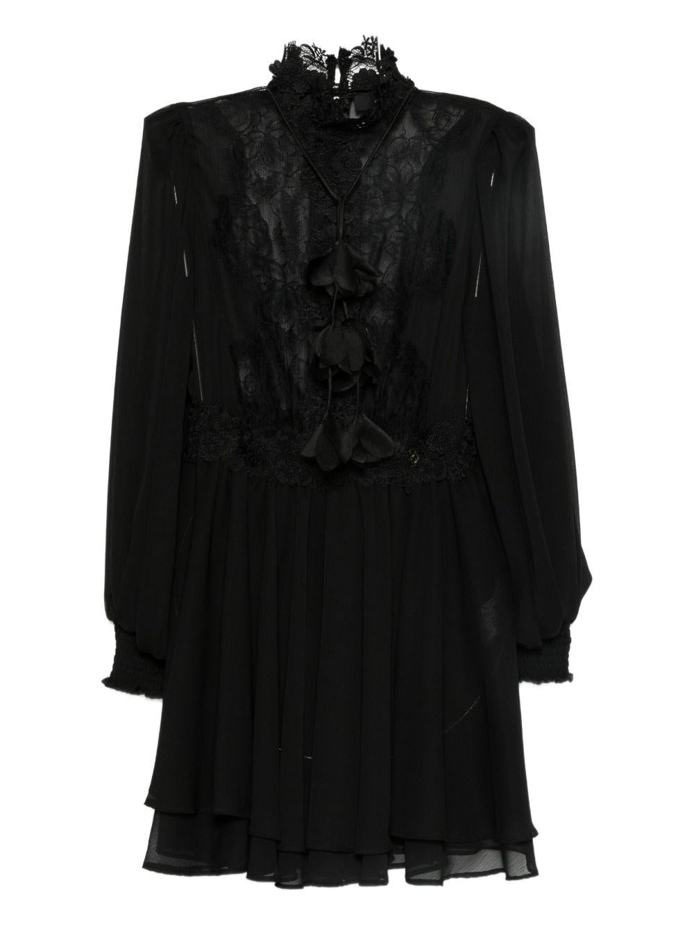Abito Corto in Pizzo Floreale con Volant S00834 NERO BABYLON COLLECTION 