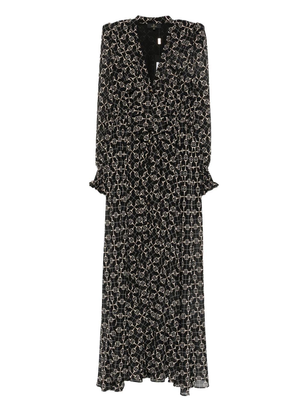 Abito Lungo Scuro con Stampa Catena e Scollo a V S00841 NERO BABYLON COLLECTION 