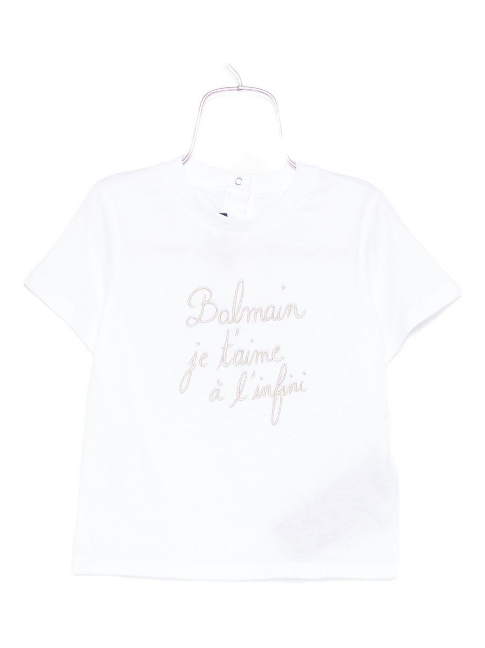 T-shirt Bianca con Ricamo e Maniche Corte BX8621Z3186 100BG BALMAIN KIDS 