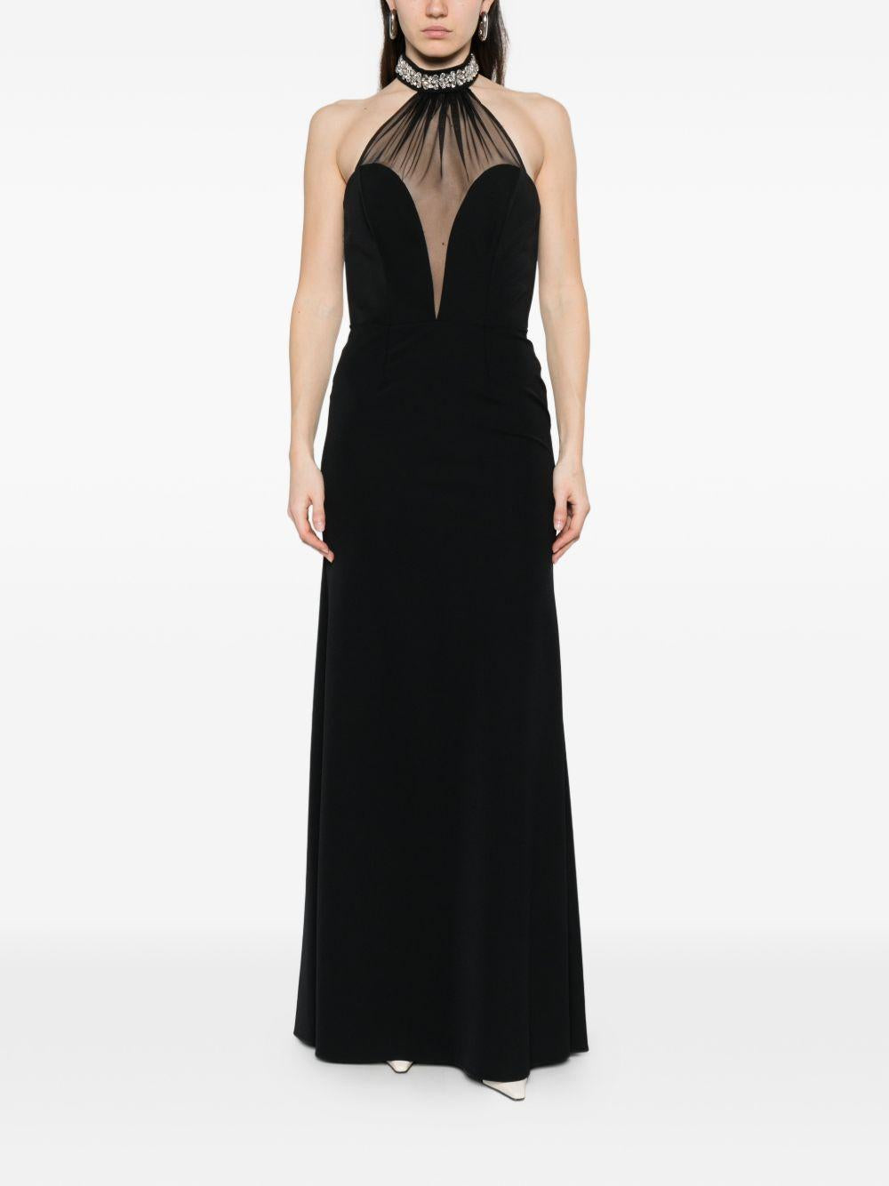 Abito lungo con scollo all'americana e dettagli in tulle AT119 NERO ALESSANDRO LEGORA 