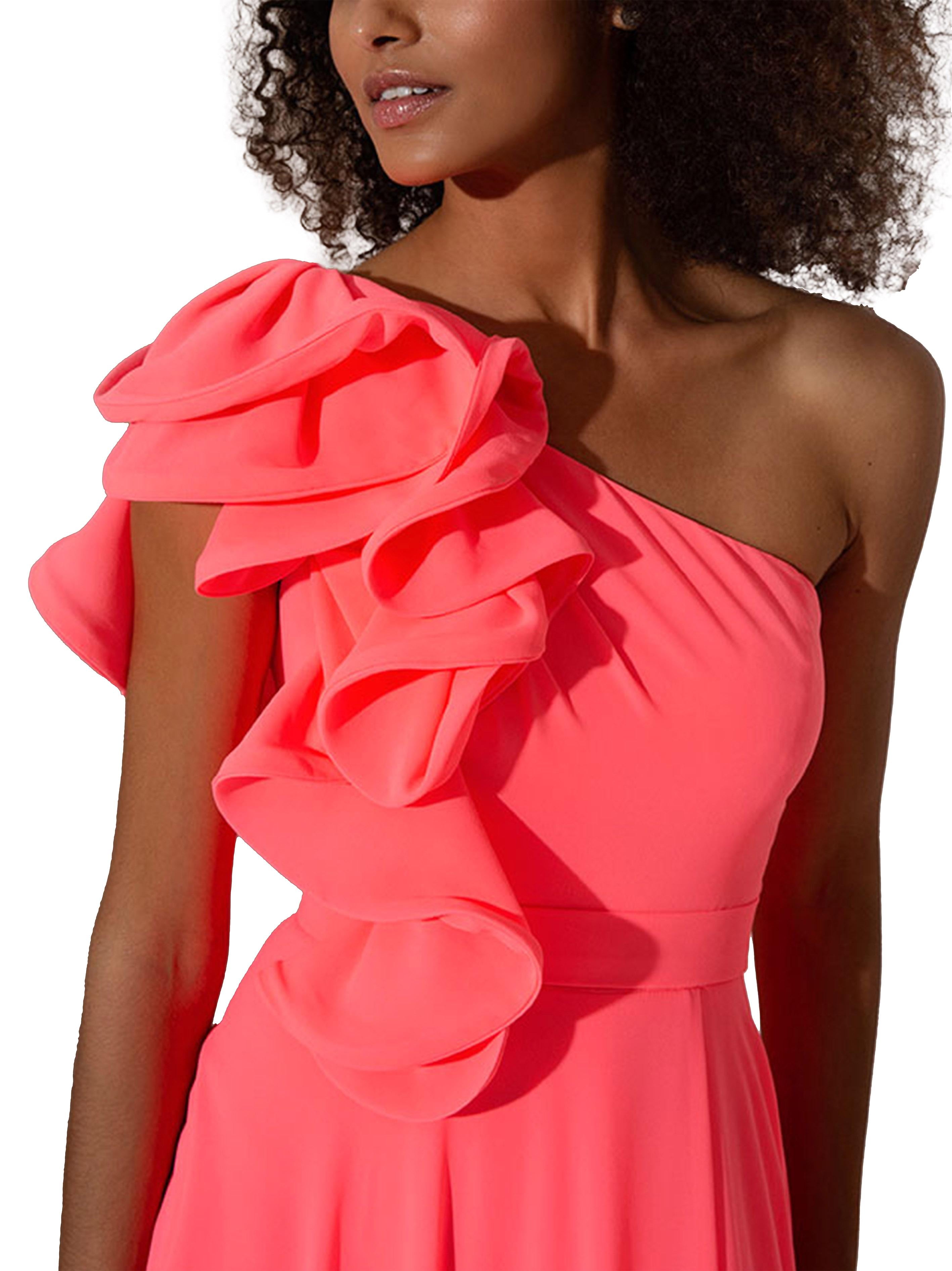 Abito rosa brillante monospalla con ruches A4238 BRIGHTPINK ALLURE 
