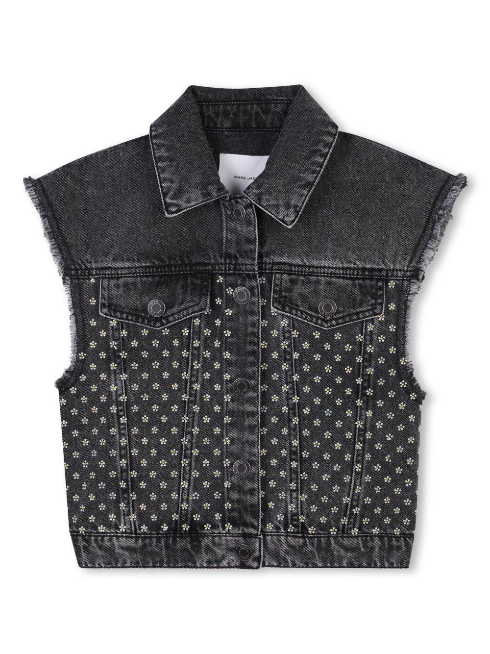 Gilet denim nero con strass fiori