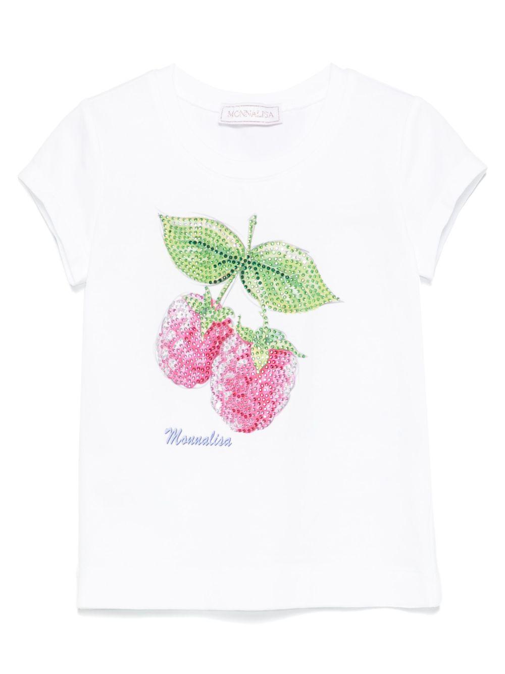 T-shirt bianca con stampa lampone con strass