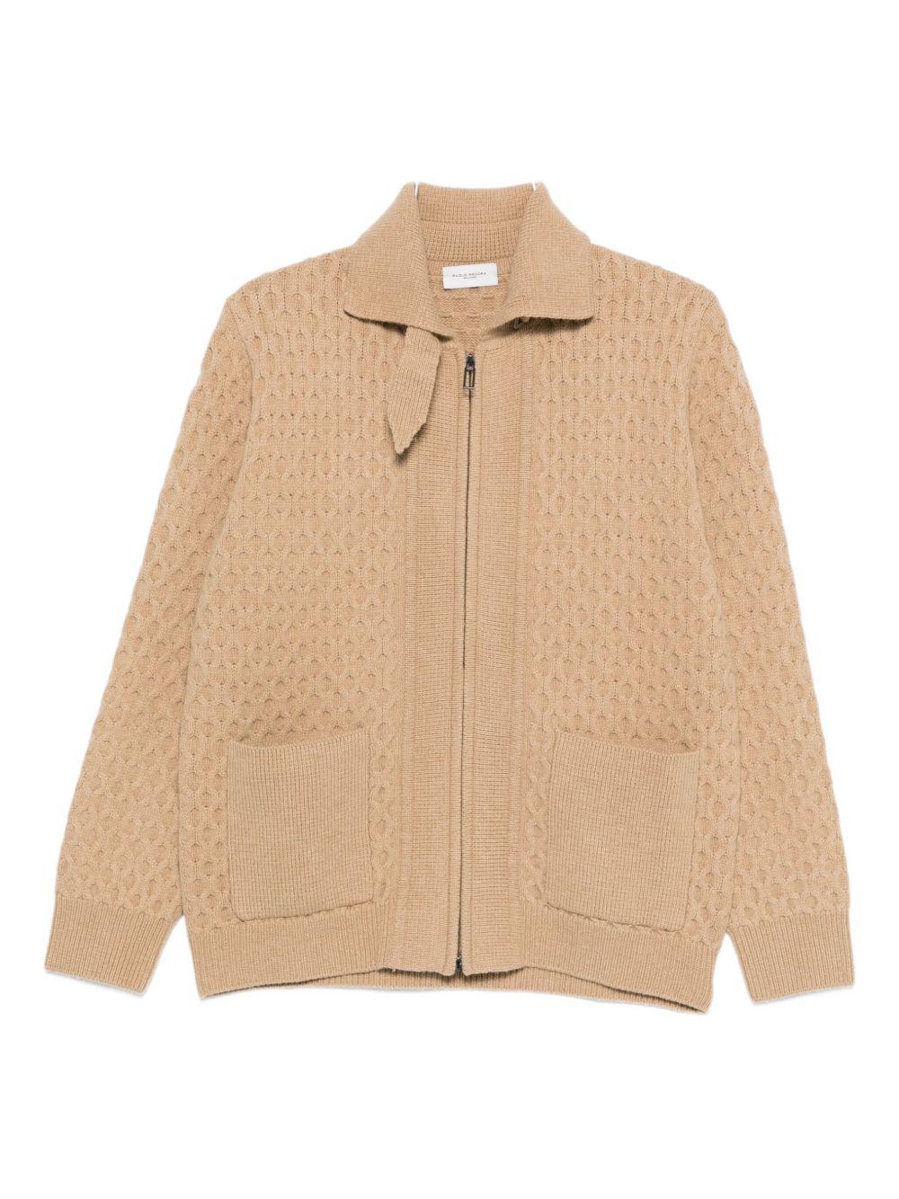 Cardigan nocciola con zip e fantasia Honeycomb AO01F004 1178 PAOLO PECORA 