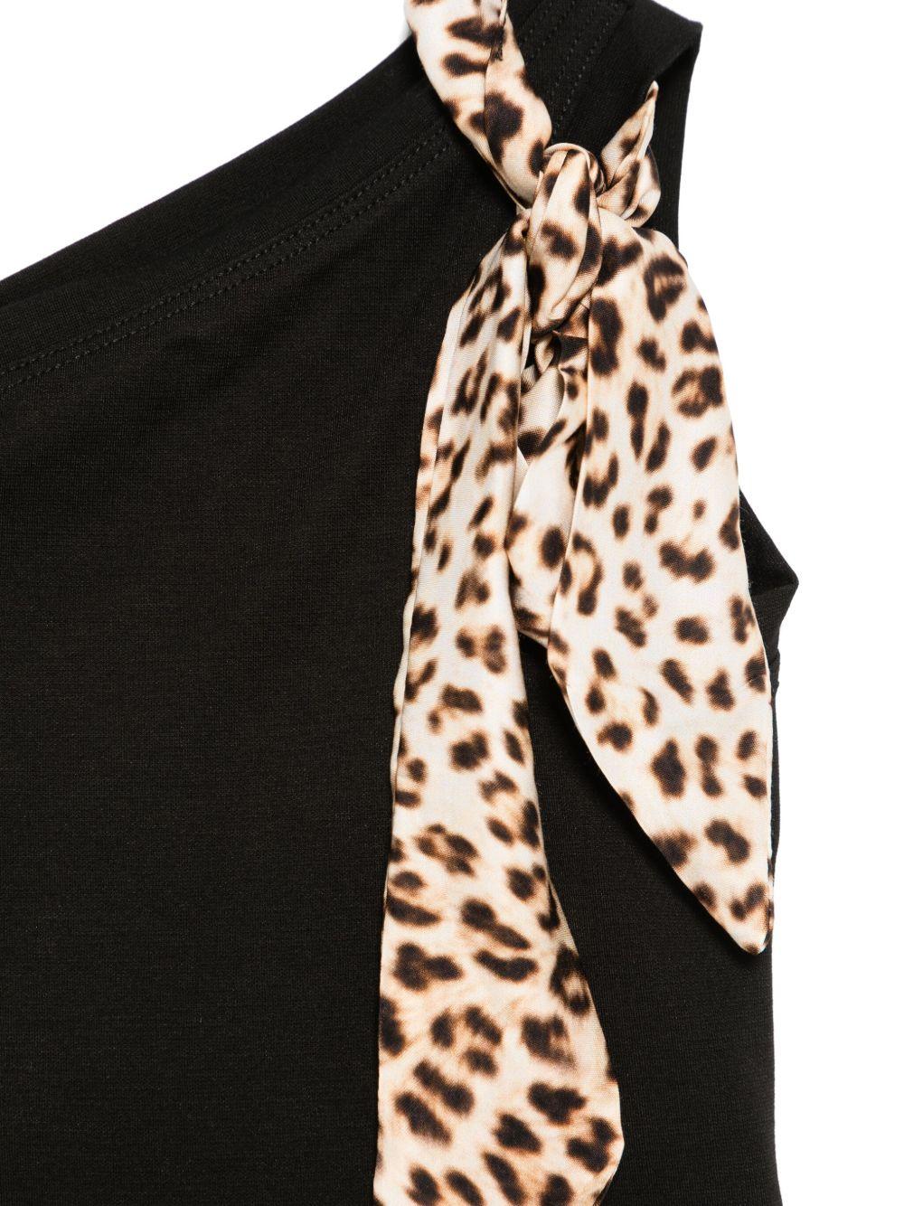 Top nero monospalla fiocco leopardato