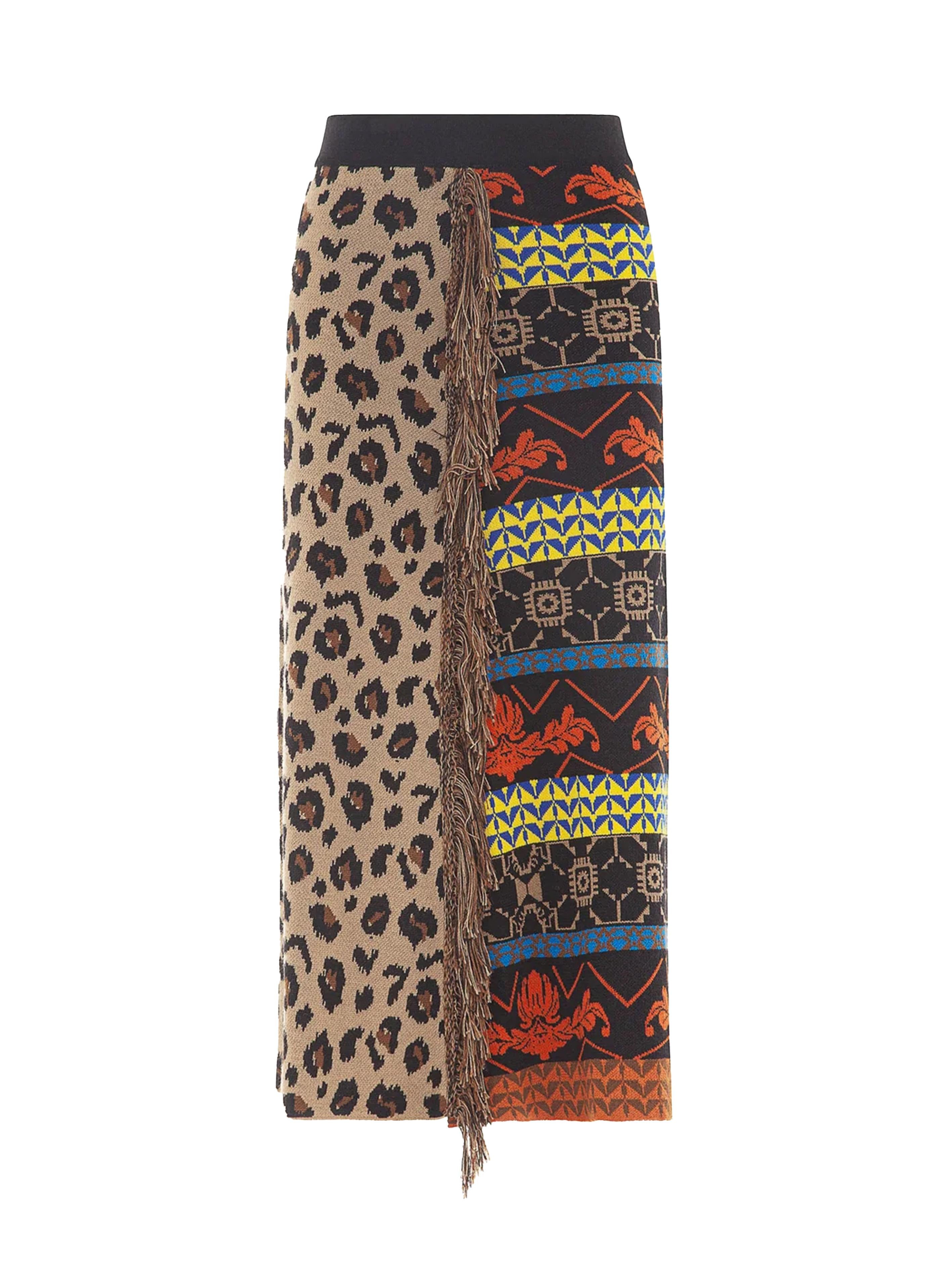 Gonna in maglia con fantasia animalier/multicolor con frange GOKD03099 V1 AKEP 