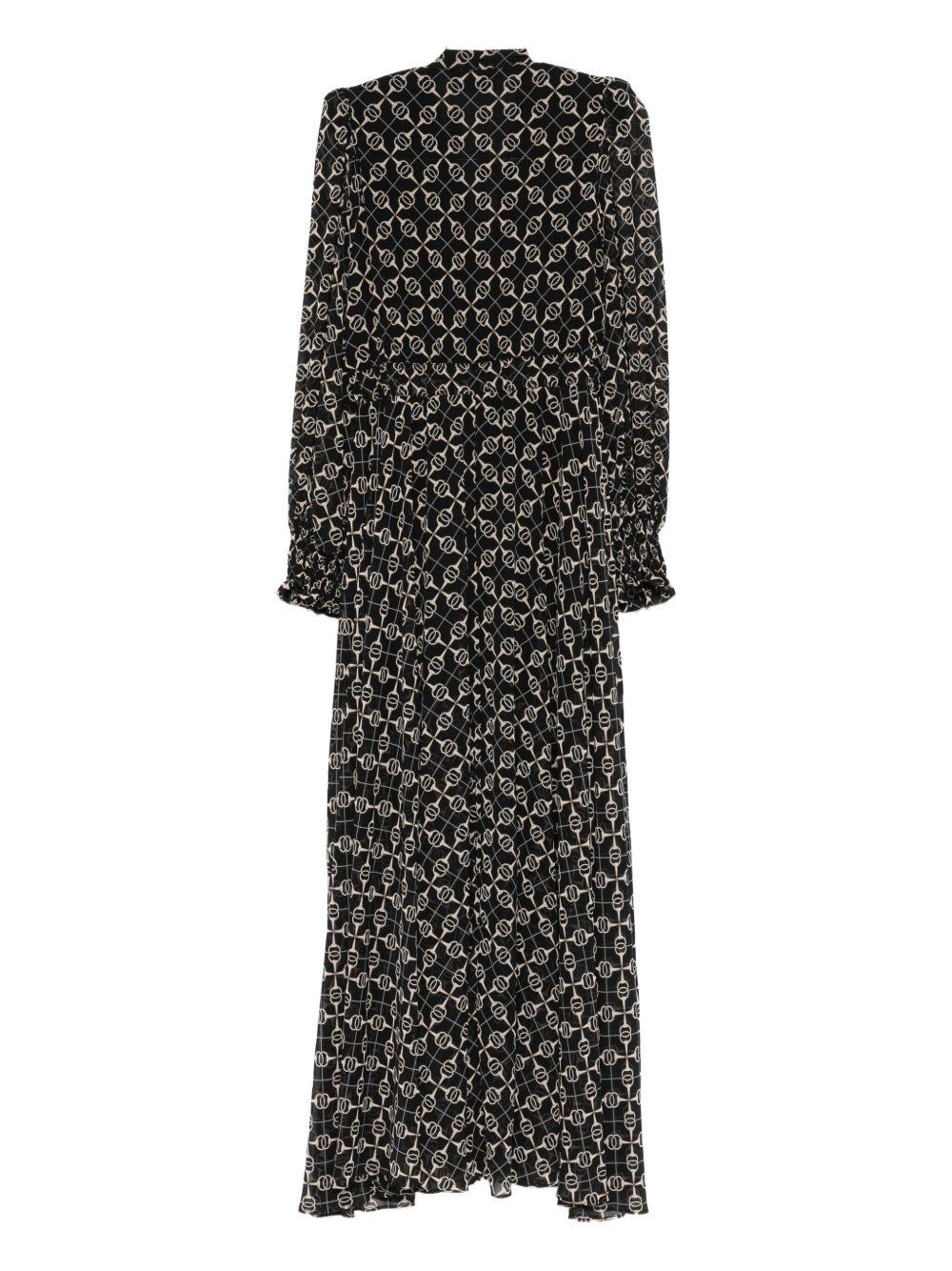 Abito Lungo Scuro con Stampa Catena e Scollo a V S00841 NERO BABYLON COLLECTION 