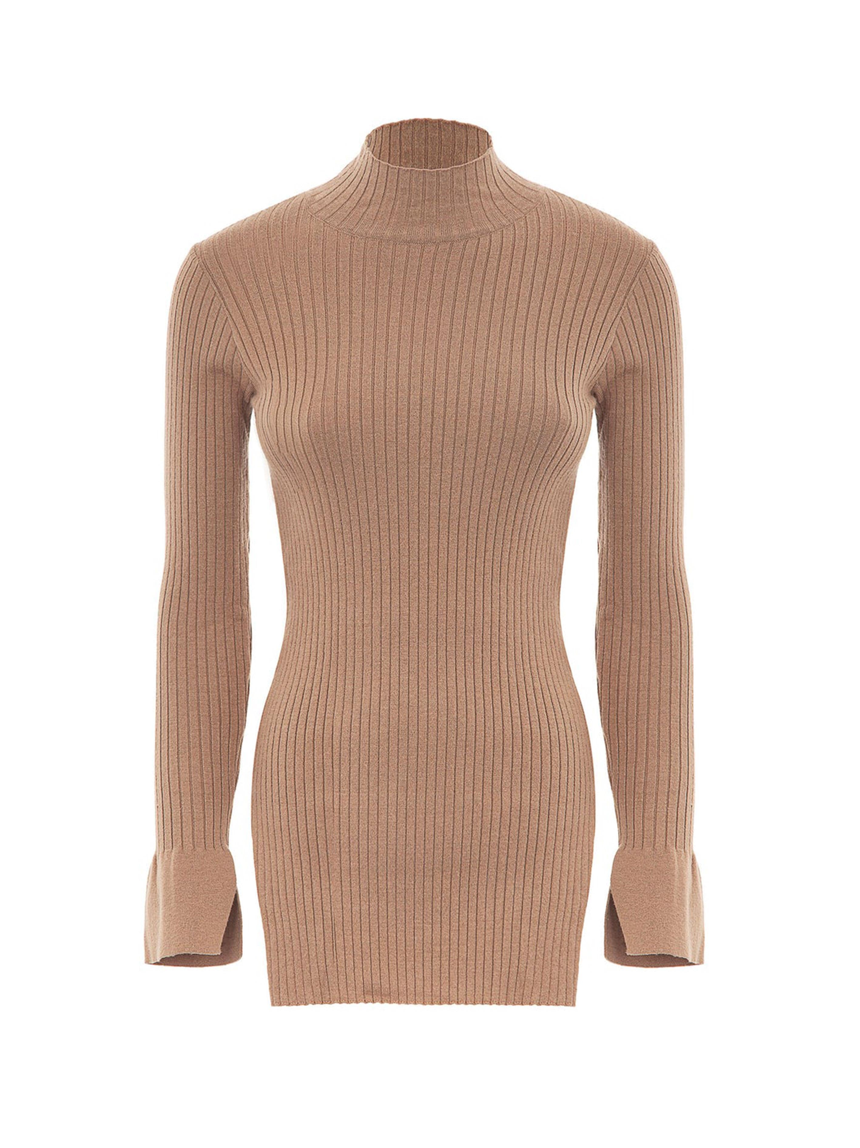 Maglia a costine con spacchi su polsi cammello MGKD03023 V1 AKEP 