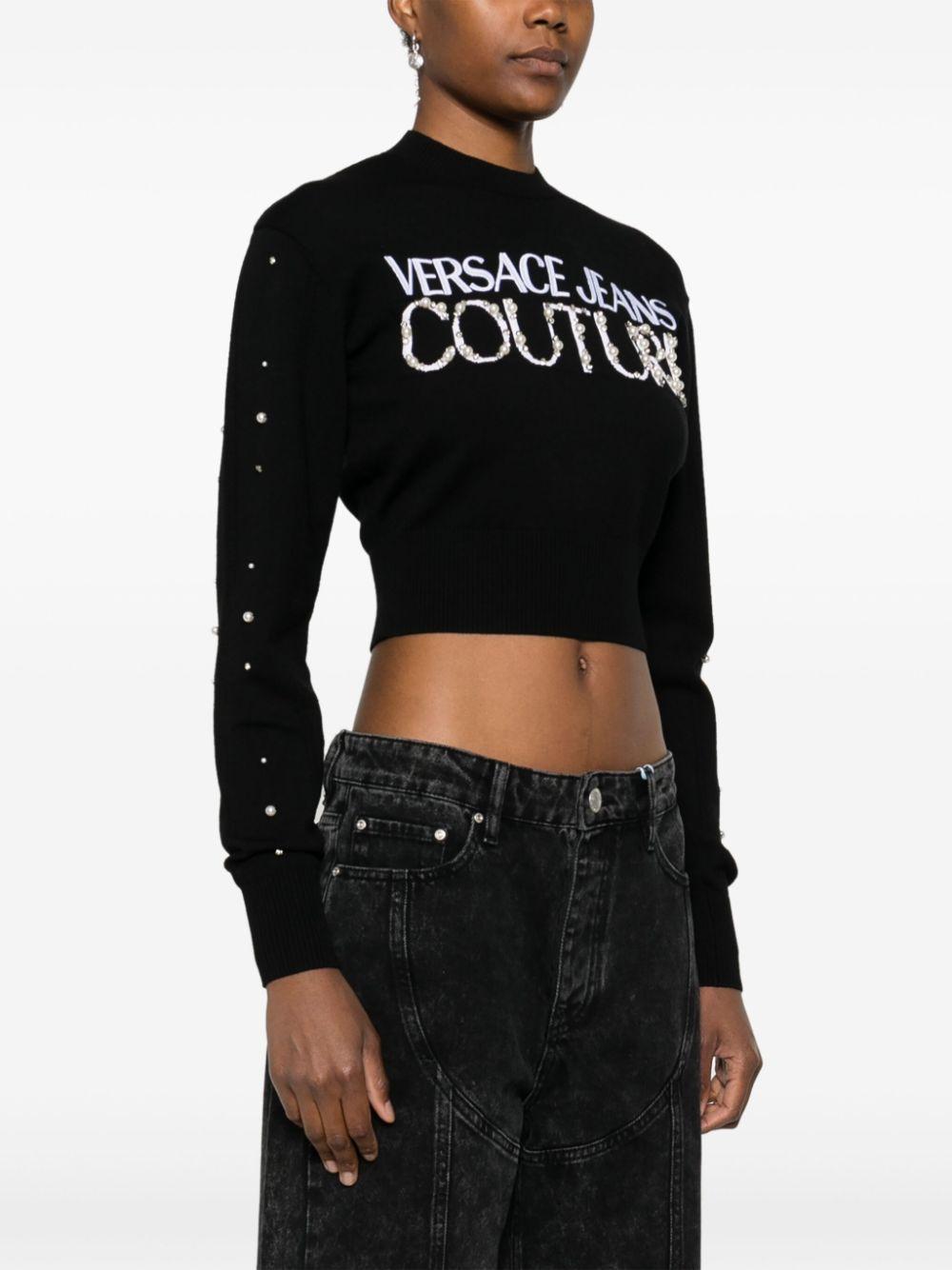 Maglione crop nero logo e perline
