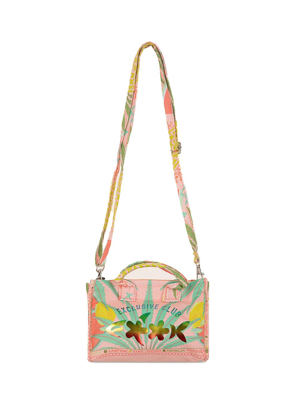 Borsa fantasia stampata e logo multicolor laminato