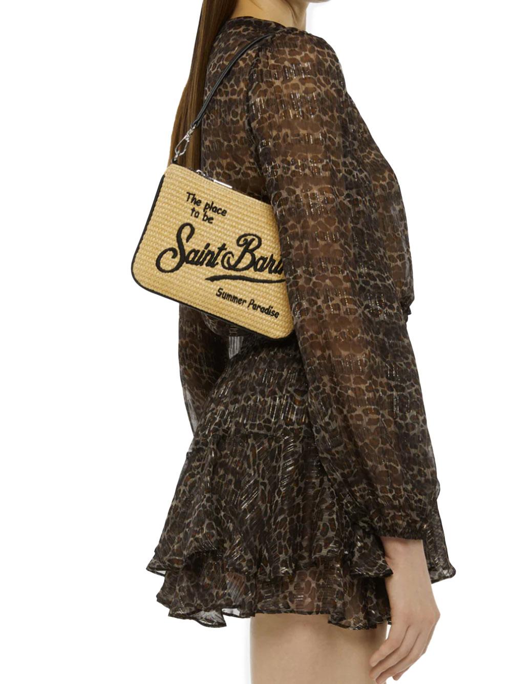 Parisienne Mini pouch effetto paglia e logo nero