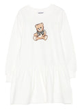 White Dress with Teddy Bear Print and Ruffled Skirt