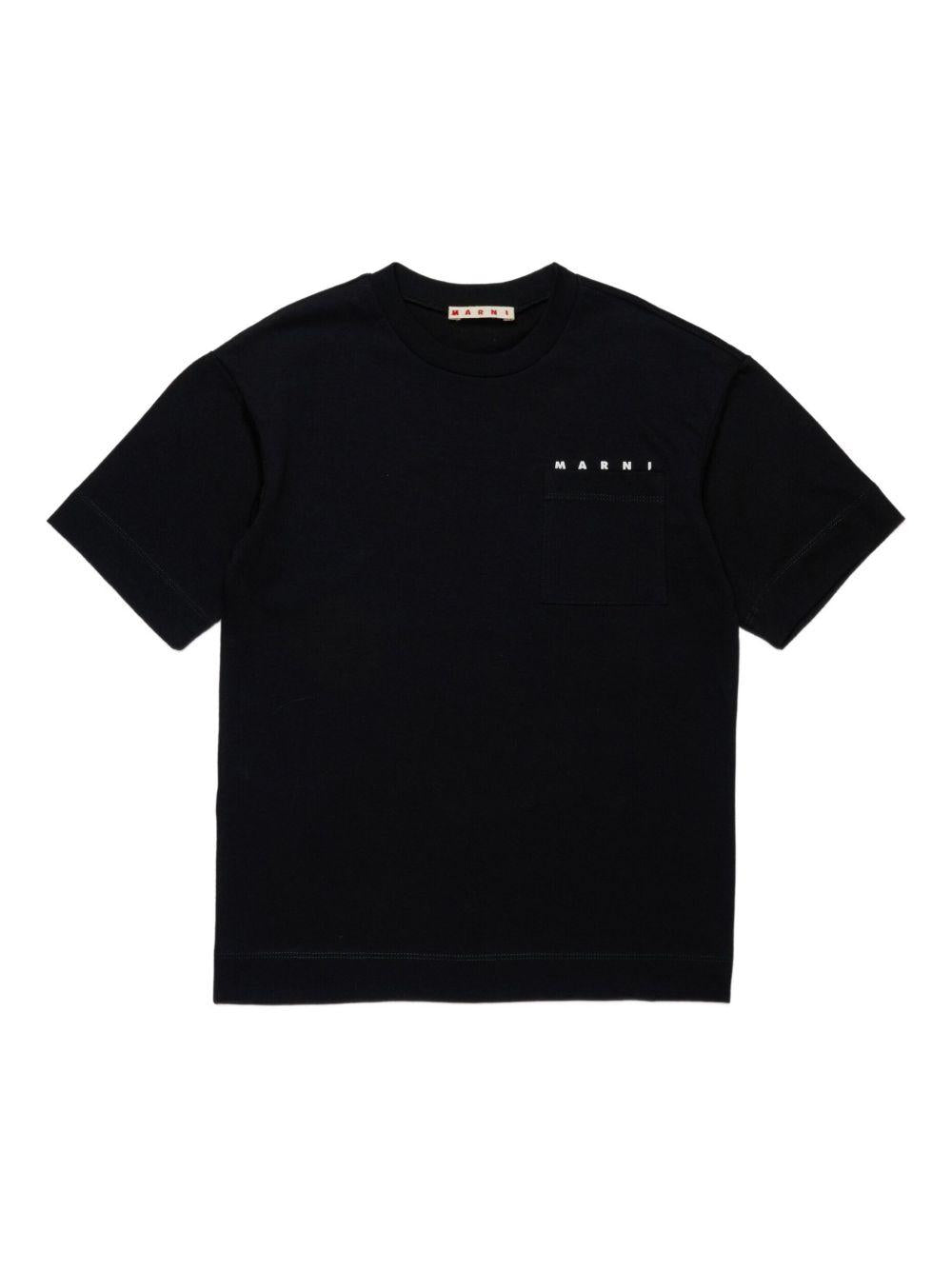 T-shirt nera in cotone con logo e taschino M01415M00RF 0M900 MARNI KIDS 