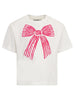 T-shirt bianca con stampa fiocco frontale fucsia