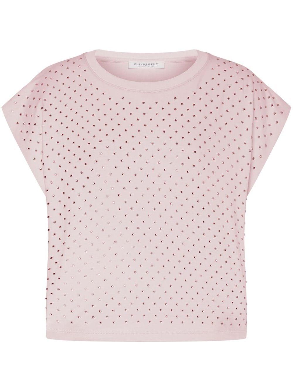 T-shirt crop rosa con strass