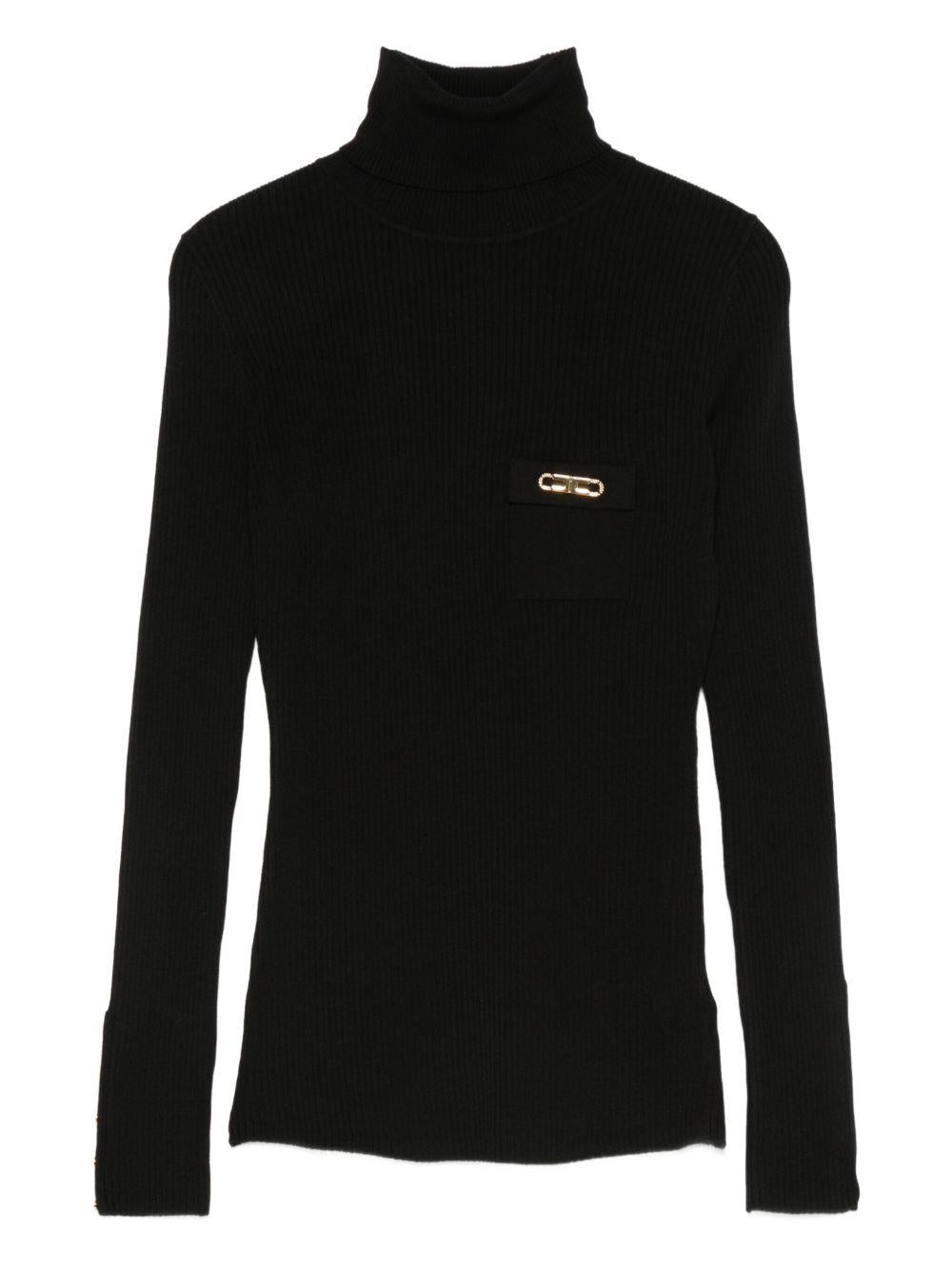 Maglione Nero a Collo Alto con Decorazione Oro MK11B56E2 110 ELISABETTA FRANCHI 
