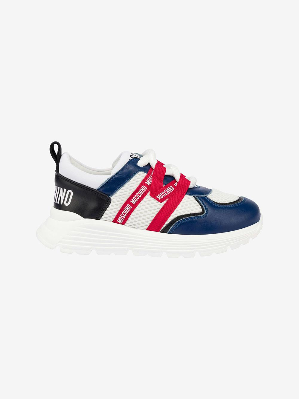 Sneakers in rete e pelle di vitello con logo 80450 01 MOSCHINO KIDS 