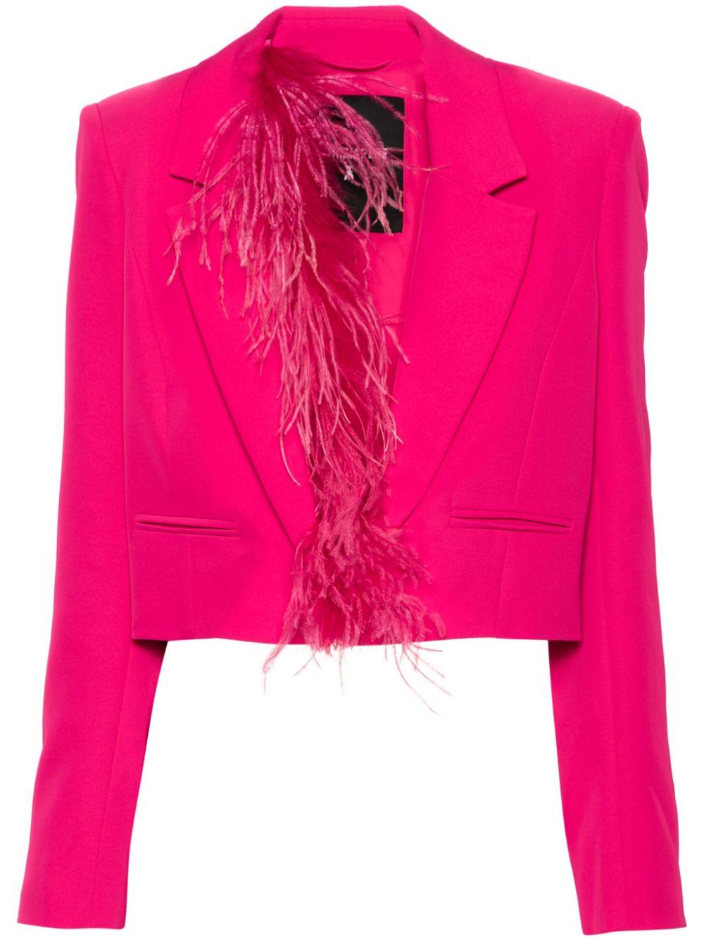 Giacca crop fucsia con piume